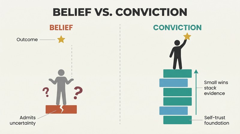Split panel comparing a single thin cracked block labeled belief on the left to a tall stack of solid blocks representing small wins building conviction on the right, with a figure on top reaching a star.