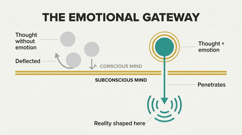 Cross-section showing gray thoughts bouncing off a membrane while one emotionally charged thought penetrates through into the subconscious mind below.