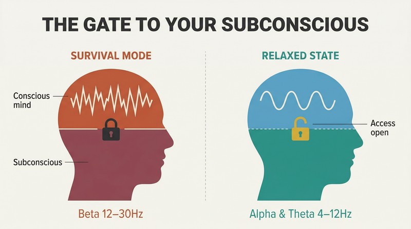 Split panel comparing two head silhouettes: one in survival mode with jagged brainwaves and a locked subconscious layer, the other relaxed with smooth waves and an open subconscious layer.