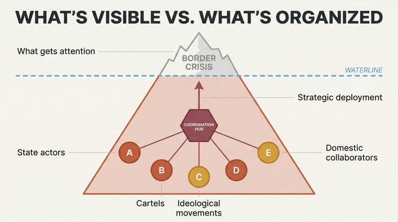 Iceberg diagram showing a small visible "border crisis" above a waterline, with a large organized network of strategic actors and a coordination hub hidden beneath the surface.