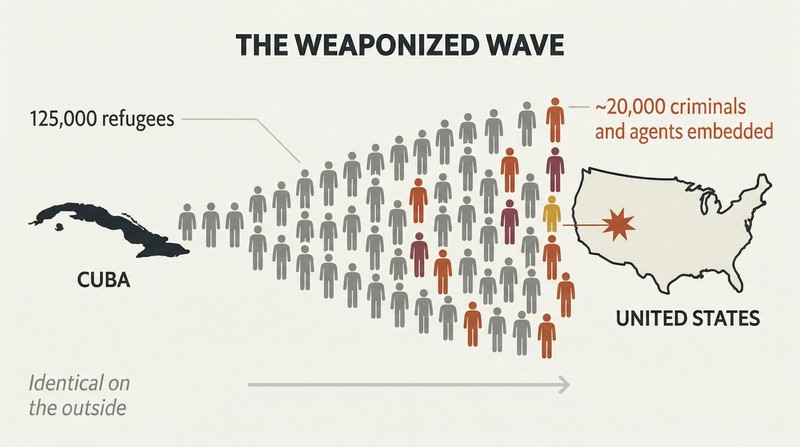 Flow of silhouette figures moving from Cuba to the United States, with hostile agents colored in red among gray legitimate refugees, revealing the Trojan Horse mechanism of weaponized migration.