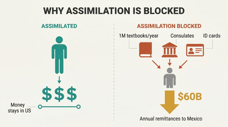 Split panel comparing an assimilated immigrant whose money stays local versus an unassimilated immigrant funneling sixty billion dollars in remittances back, with textbooks and consulates shown as blocking tools.
