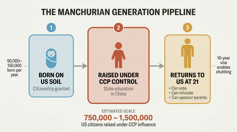 Three-stage horizontal pipeline showing babies born in the US, raised under CCP education in China, then returning as adult US citizens with voting and sponsorship rights.