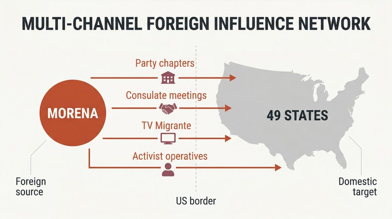 Hub-spoke diagram showing Mexico's Morena party projecting four influence channels into a US map silhouette covering 49 states.