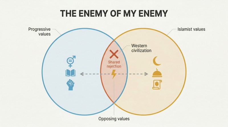 Venn diagram showing two ideologically opposed groups overlapping only in their shared rejection of Western institutional values, highlighting the paradox of their alliance.