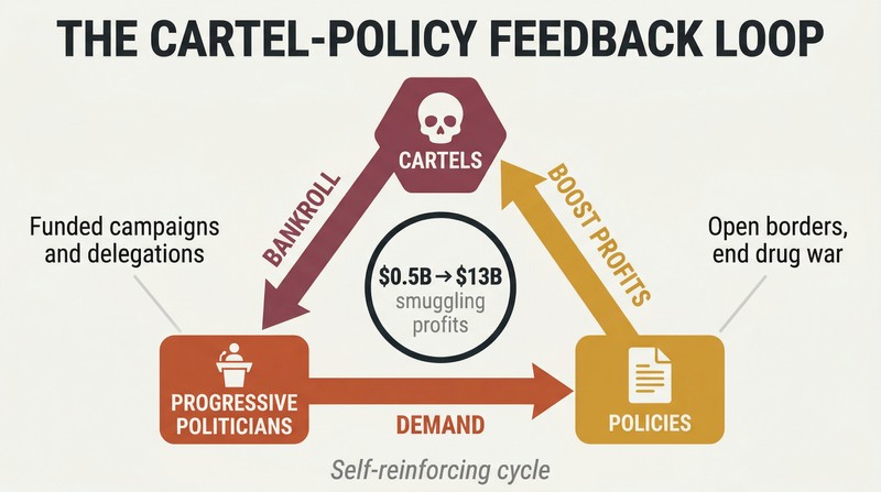 Triangular cycle showing cartels funding politicians who push policies that increase cartel profits, forming a self-reinforcing loop.