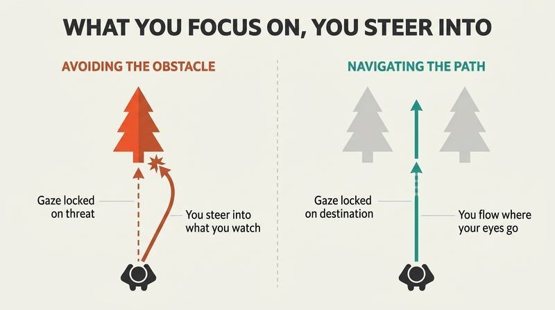 Split-panel diagram showing how focusing on obstacles steers you directly into them, while focusing on the open path guides you safely through.