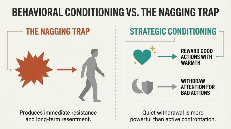 Split panel diagram comparing the negative effects of nagging with the positive power of behavioral conditioning through silent withdrawal and warm rewards.