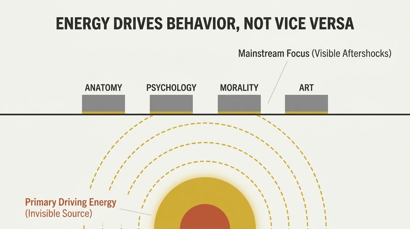 A depth diagram showing a deep, glowing golden energy source below a horizontal surface line, radiating waves upward to power four surface blocks labeled Anatomy, Psychology, Morality, and Art.
