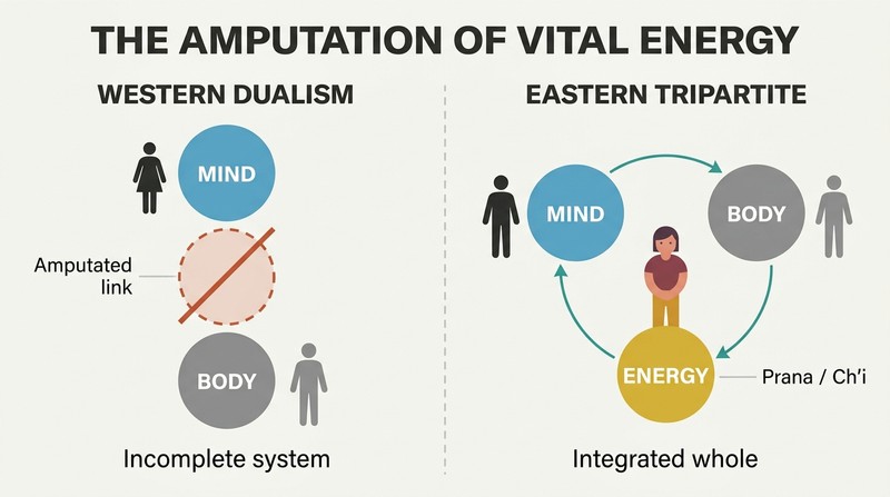 Split panel diagram comparing the disconnected Western Mind-Body dualism with the integrated Eastern Mind-Energy-Body tripartite system.