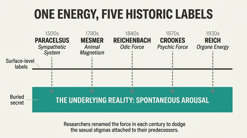A conceptual timeline showing five historical scientific eras with different names for energy research, all drilling down into a single, continuous subterranean reservoir labeled "Spontaneous Arousal."