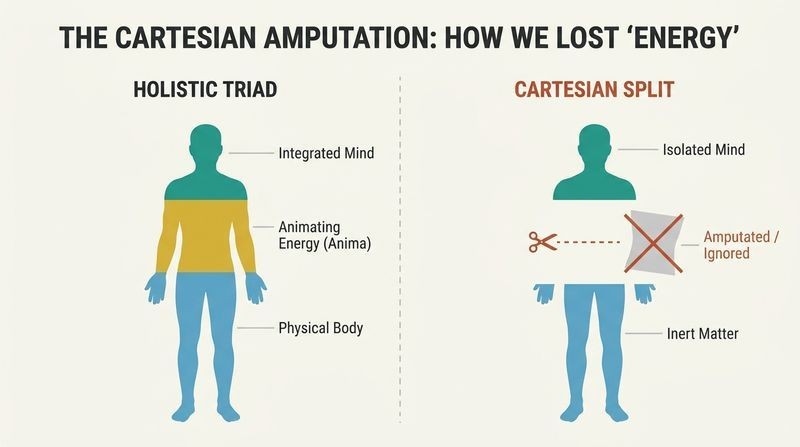 Split panel diagram comparing the holistic three-part human model (mind, energy, body) with the amputated Cartesian model which severed energy and left only a divided mind and body.