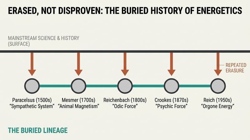 A timeline diagram showing five centuries of suppressed energy research buried beneath a mainstream history line, connected by a single continuous energy thread.