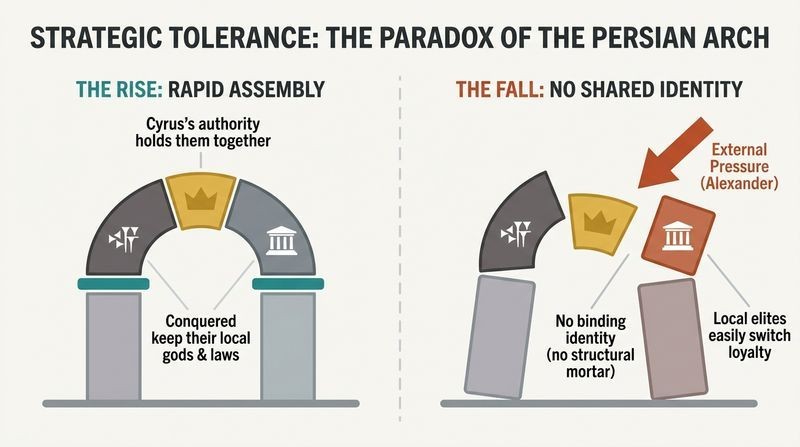 A split-panel diagram comparing how Cyrus's tolerance rapidly built a stable empire from diverse parts, but the lack of a shared identity made the structure easily crumble under external pressure.