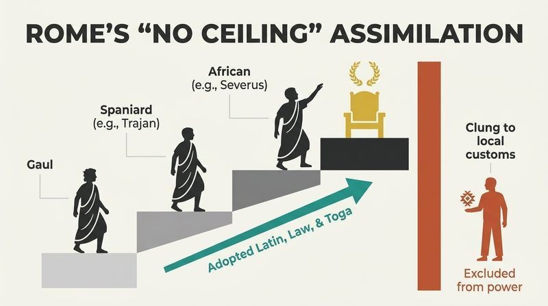 A diagonal staircase representing Rome's open path to power, where integrated provincial elites climb to the imperial throne, contrasted with an unassimilated figure blocked by a barrier.