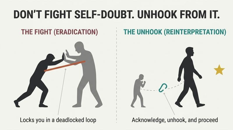 Split panel comparison showing that fighting self-doubt creates an exhausting deadlock, while unhooking from it allows you to move forward.