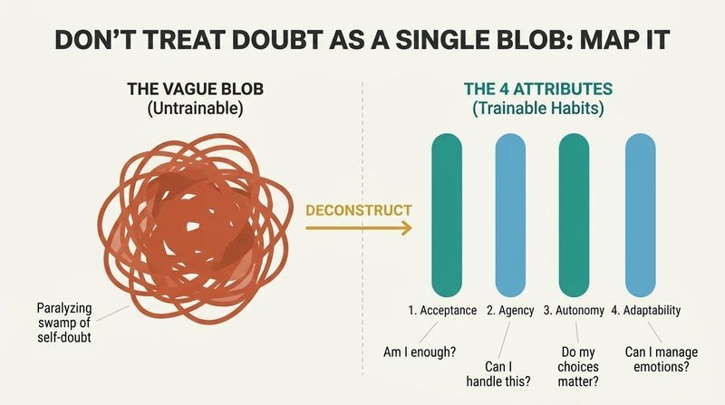 Split panel diagram comparing a vague, overwhelming cloud of doubt on the left with a structured profile of four measurable, trainable attributes on the right.