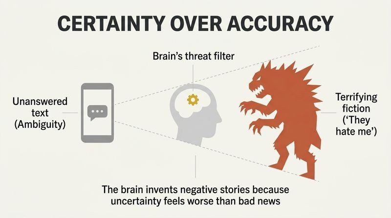 Projection diagram showing how a tiny unanswered text is filtered through the brain to cast a massive, terrifying monster shadow.