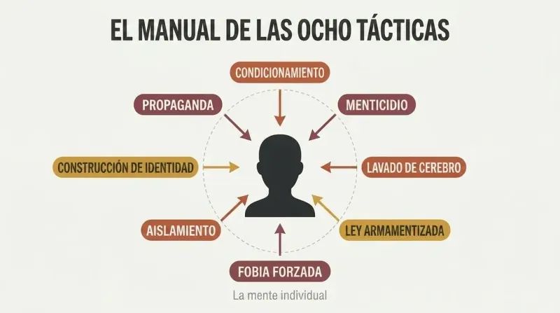 Eight labeled tactics arranged in a ring with inward-pointing arrows converging on a central head silhouette, showing how mass delusion is manufactured from all directions.