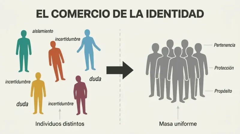 Split panel showing colorful distinct individual figures on the left transforming into identical gray uniform figures packed together on the right, illustrating identity surrender for group belonging.