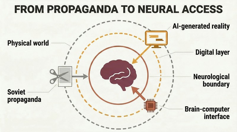 Concentric rings around a central brain showing three technologies — physical propaganda, AI image generation, and brain-computer interfaces — each penetrating a deeper barrier toward the mind.