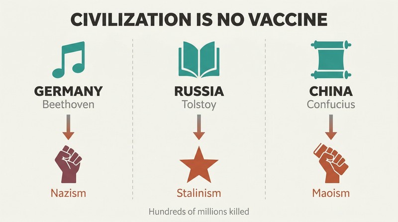 Three parallel columns showing Germany, Russia, and China each descending from cultural icons to symbols of mass delusion, illustrating that no civilized nation is immune.