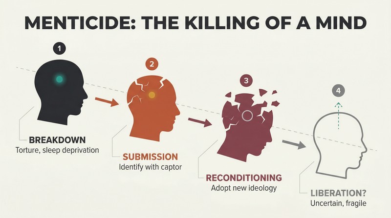 Four head silhouettes descending diagonally, each progressively more fragmented, showing the four phases of menticide from breakdown to reconditioning and uncertain liberation.