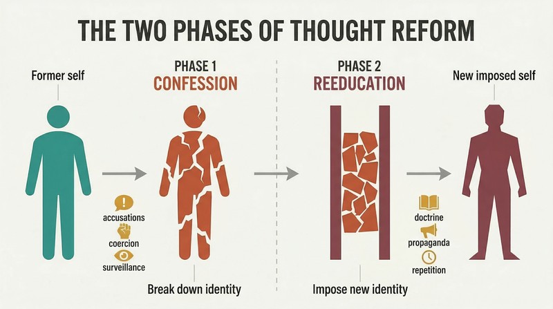Three-stage left-to-right transformation showing a whole figure broken apart in a confession phase, then reassembled into a different shape in a reeducation phase.
