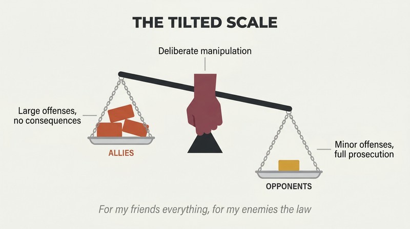 A deliberately tilted balance scale where the allies' pan floats high despite heavy offenses while the opponents' pan crashes down under minor ones, showing selective justice as a weapon.