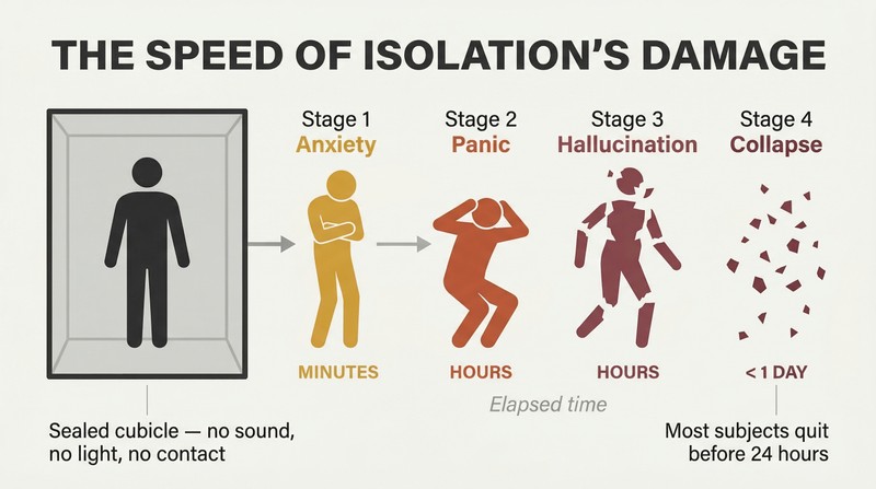 Timeline showing a human silhouette inside a sealed box progressively fragmenting through anxiety, panic, and hallucination stages in under one day.