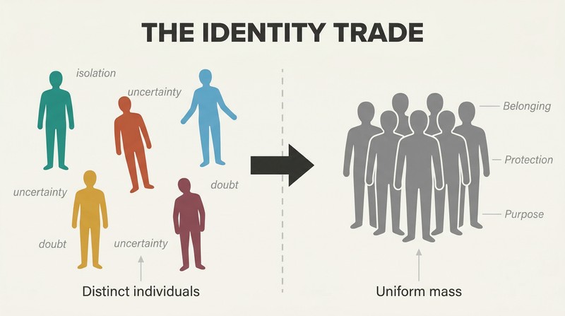 Split panel showing colorful distinct individual figures on the left transforming into identical gray uniform figures packed together on the right, illustrating identity surrender for group belonging.