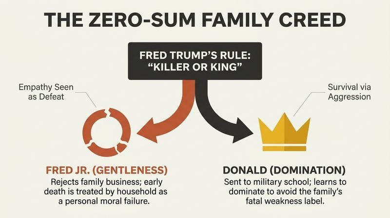 Fork diagram illustrating how a father's zero-sum rule split two brothers' paths, reinforcing the lesson that empathy is a fatal weakness.