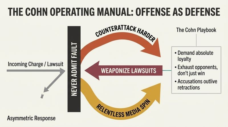 Asymmetric force diagram showing a weak incoming accusation deflected by a central shield of denial, which triggers three massive, overwhelming counterattack arrows representing lawsuits, media manipulation, and absolute retaliation.