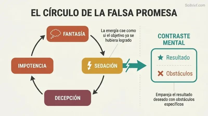 Circular loop connecting fantasy, sedation, disappointment, and helplessness, with a teal arrow breaking out of the cycle toward mental contrasting.