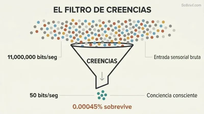 Funnel diagram showing 11 million bits of sensory data narrowing through a beliefs filter down to only 50 bits of conscious awareness.