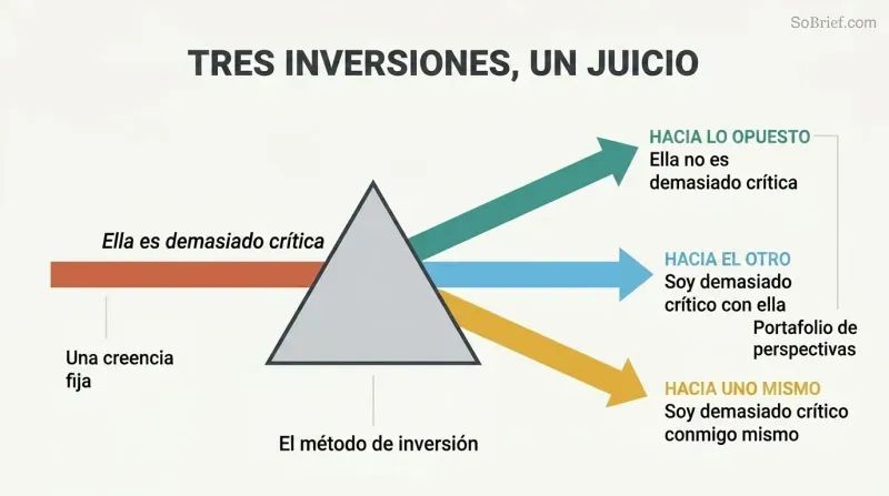 A single narrow beam labeled as a fixed judgment enters a triangular prism and refracts into three diverging beams representing opposite, other, and self perspectives.