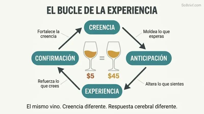 Four-stage circular loop showing how belief creates anticipation, shapes experience, and confirms itself, with two identically filled wine glasses labeled differently at center.