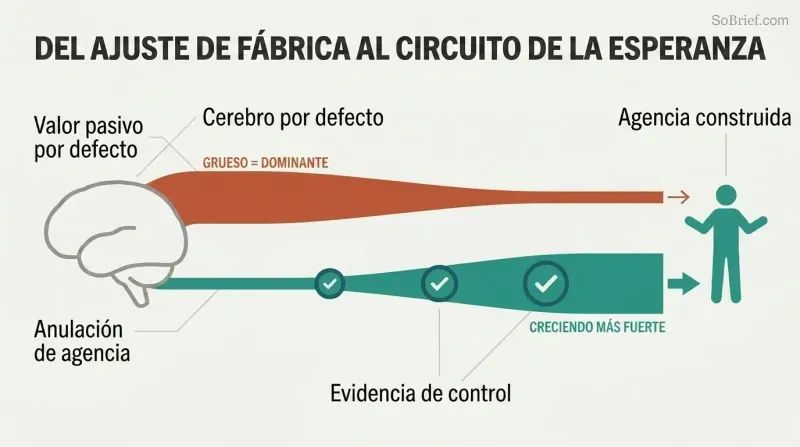 Transformation diagram showing a thin passive brain pathway being progressively overridden by a thickening teal agency pathway through repeated evidence of control.