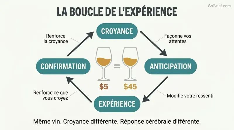 Four-stage circular loop showing how belief creates anticipation, shapes experience, and confirms itself, with two identically filled wine glasses labeled differently at center.