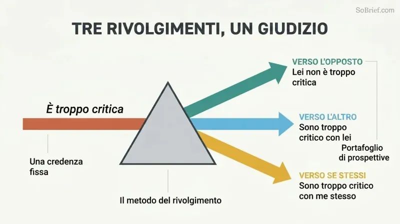 A single narrow beam labeled as a fixed judgment enters a triangular prism and refracts into three diverging beams representing opposite, other, and self perspectives.