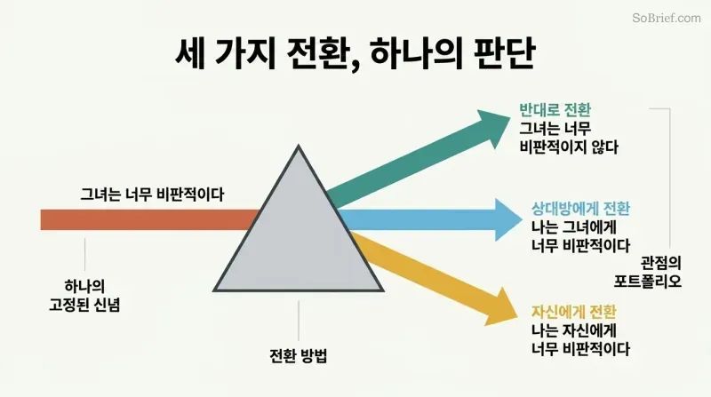 A single narrow beam labeled as a fixed judgment enters a triangular prism and refracts into three diverging beams representing opposite, other, and self perspectives.