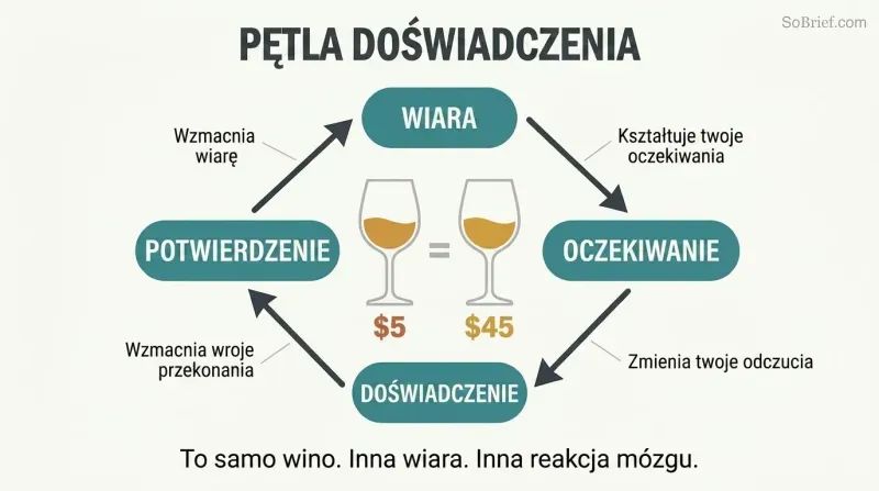 Four-stage circular loop showing how belief creates anticipation, shapes experience, and confirms itself, with two identically filled wine glasses labeled differently at center.