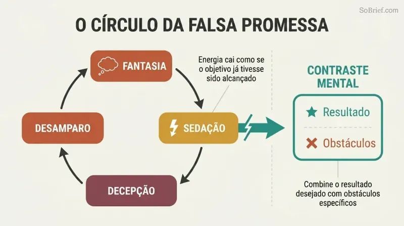 Circular loop connecting fantasy, sedation, disappointment, and helplessness, with a teal arrow breaking out of the cycle toward mental contrasting.