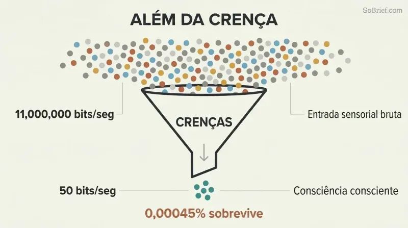 Funnel diagram showing 11 million bits of sensory data narrowing through a beliefs filter down to only 50 bits of conscious awareness.