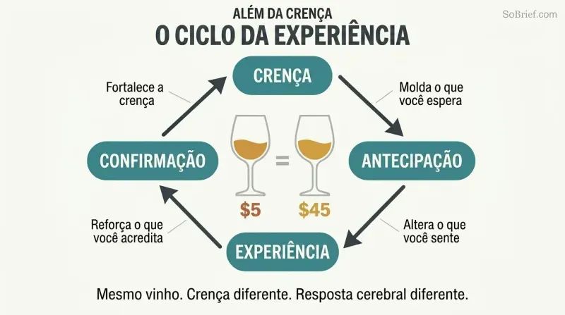 Four-stage circular loop showing how belief creates anticipation, shapes experience, and confirms itself, with two identically filled wine glasses labeled differently at center.