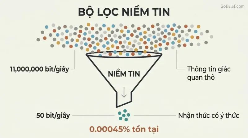 Funnel diagram showing 11 million bits of sensory data narrowing through a beliefs filter down to only 50 bits of conscious awareness.