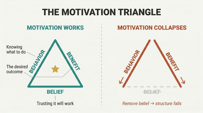 Split panel comparing a complete triangle with behavior, benefit, and belief sides intact versus a collapsing triangle with the belief side removed.