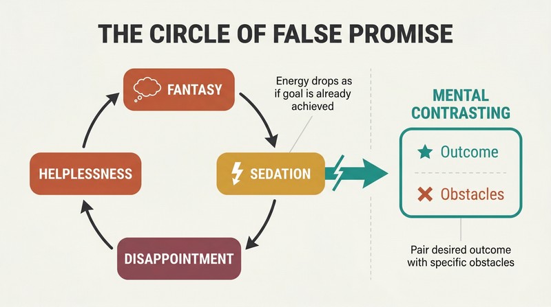 Circular loop connecting fantasy, sedation, disappointment, and helplessness, with a teal arrow breaking out of the cycle toward mental contrasting.