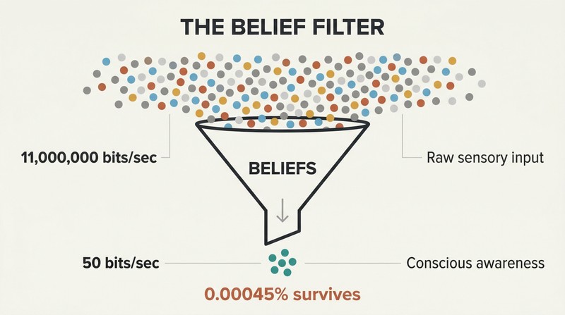 Funnel diagram showing 11 million bits of sensory data narrowing through a beliefs filter down to only 50 bits of conscious awareness.