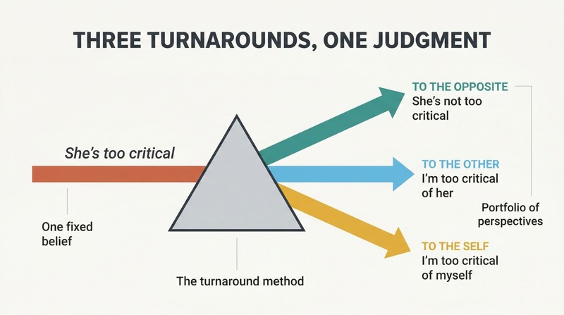 A single narrow beam labeled as a fixed judgment enters a triangular prism and refracts into three diverging beams representing opposite, other, and self perspectives.